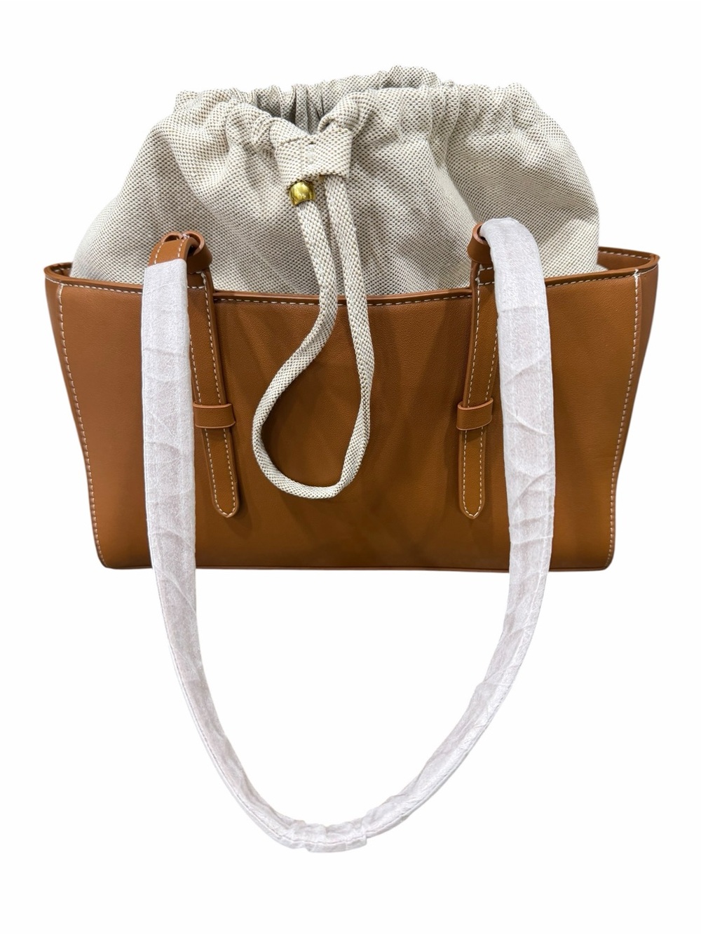 ZARA Brown Faux Leather Shoulder Bag/Contrast Drawstring Interior Canvas Pouch